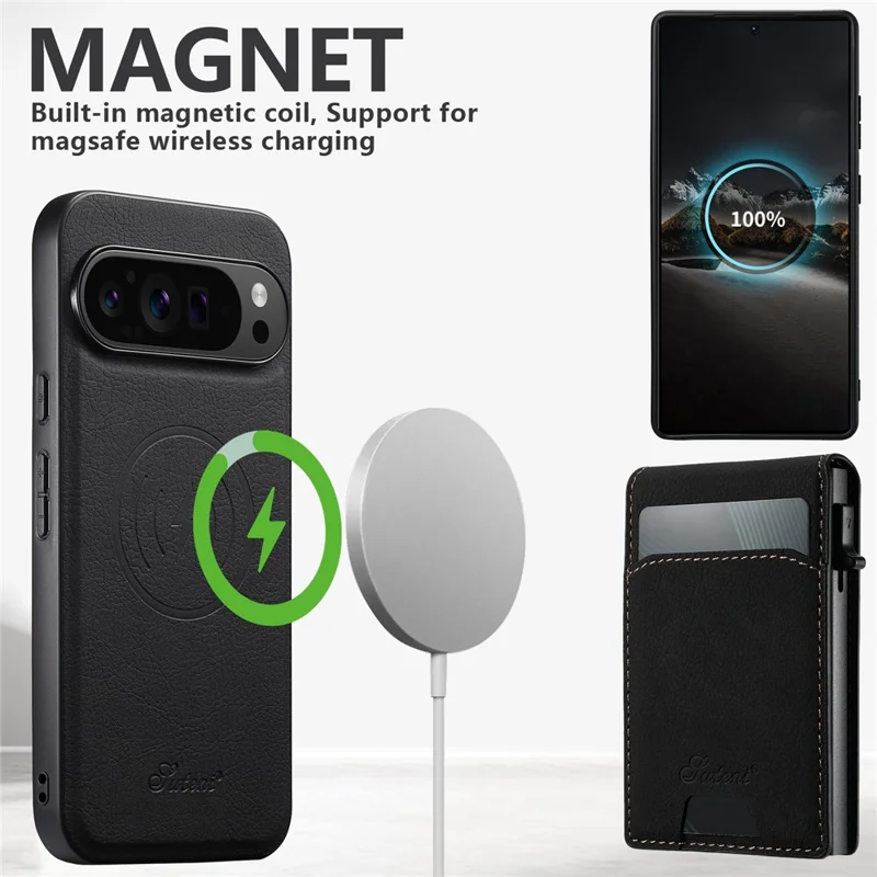 SUTENI H19 Pour Google Pixel 9 / 9 Pro Étui Magnétique Porte-Carte avec Support et Texture de Cuir Grainé - Noir
