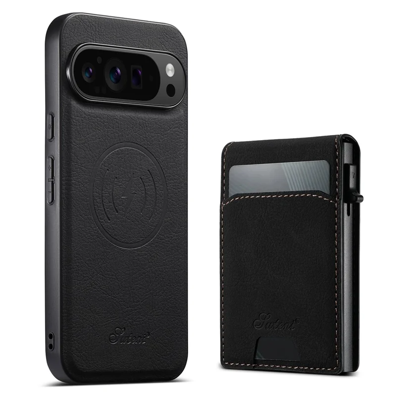 SUTENI H19 Para Google Pixel 9 Pro XL Capa Magnética com Porta-cartões e Suporte, Textura de Couro Estilo Lichia - Preto
