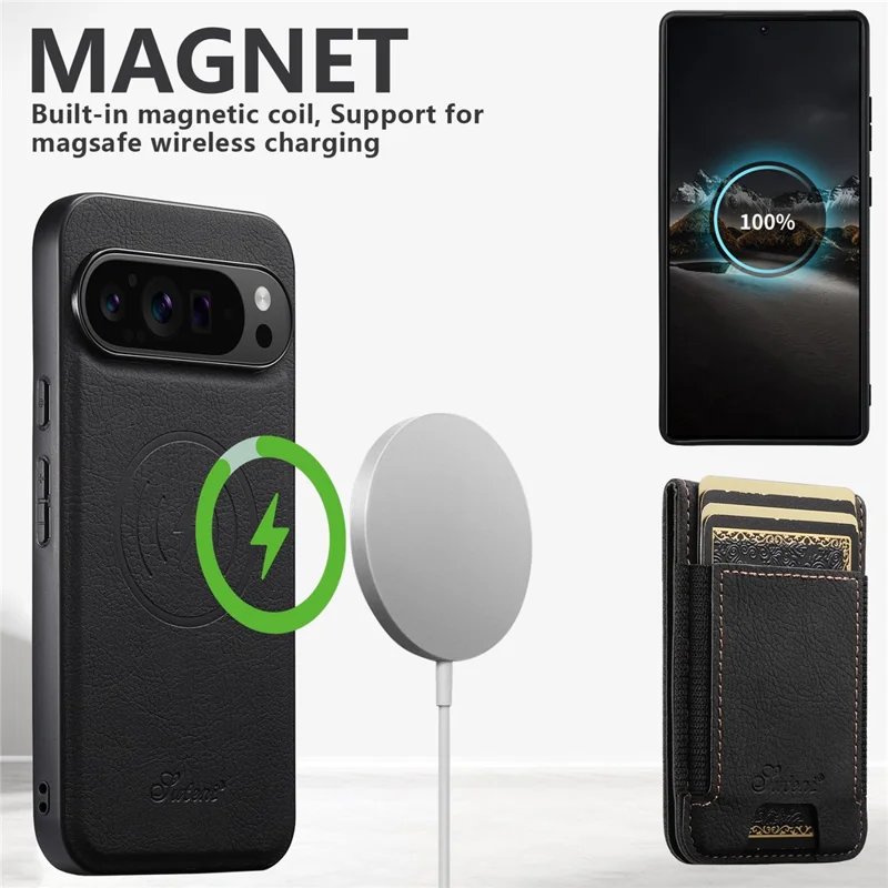 SUTENI H17 Para Google Pixel 9 / 9 Pro Capa Magnética com Compartimentos para Cartão, Couro + TPU com Suporte - Preto