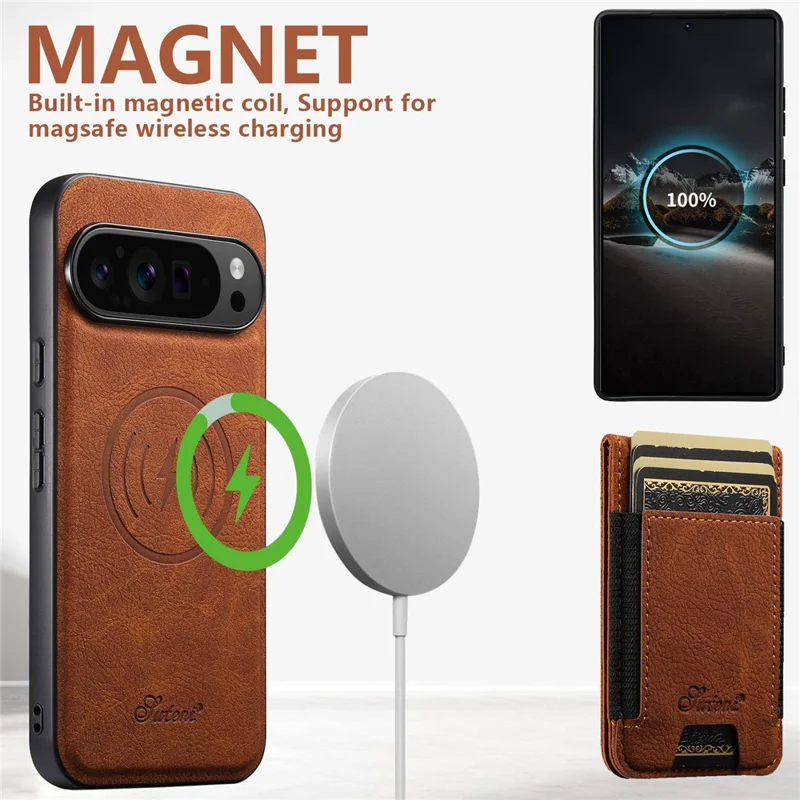 SUTENI H17 per Google Pixel 9 Pro XL Cover Magnetica con Slot per Carte in Pelle + TPU con Supporto - Khaki