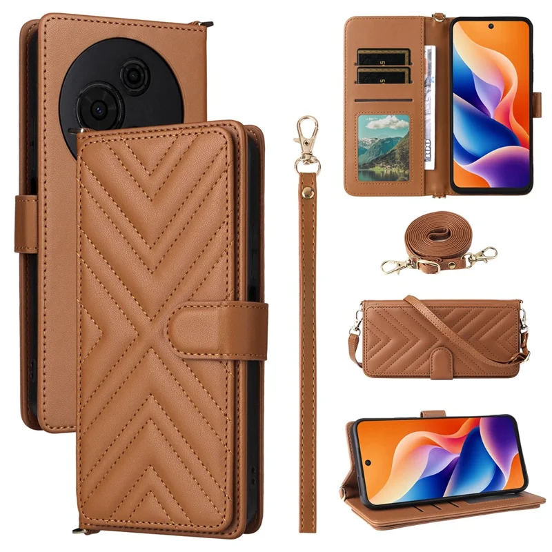 Funda de cuero para TCL 605 4G / 60 SE con correa para hombro / muñeca, soporte y cartera - Marrón