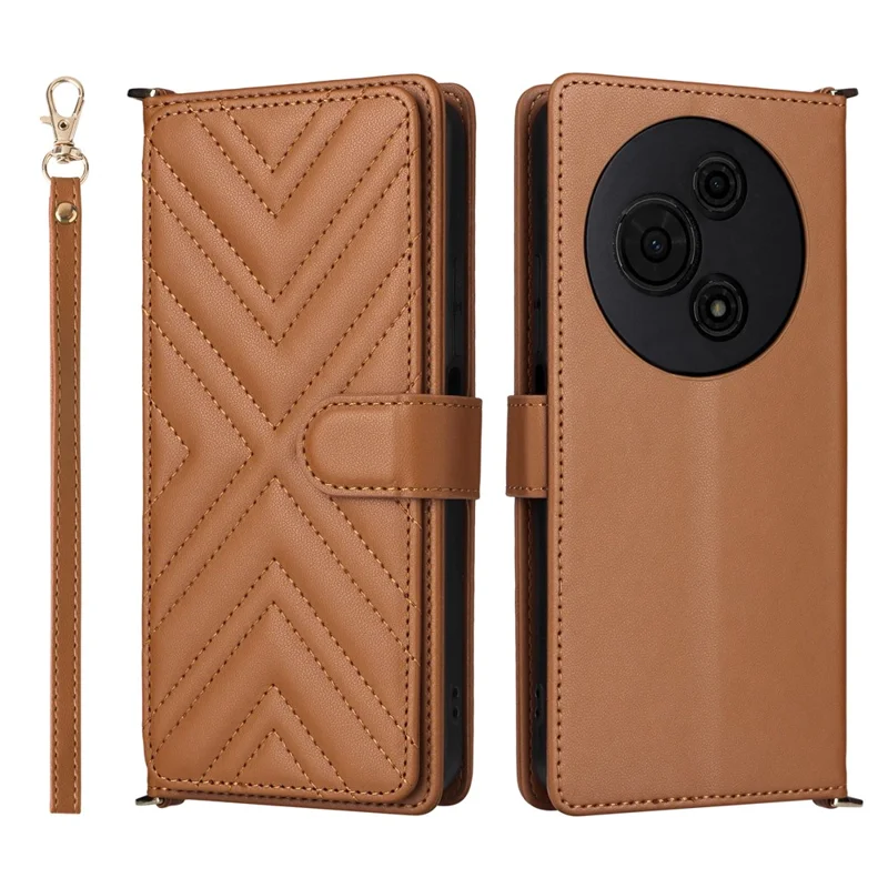Funda de cuero para TCL 605 4G / 60 SE con correa para hombro / muñeca, soporte y cartera - Marrón