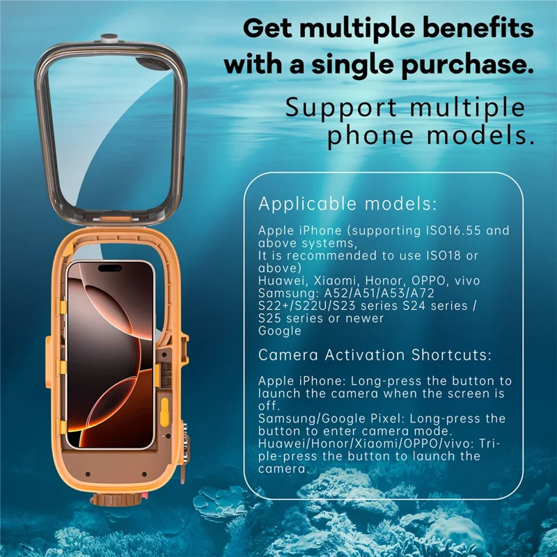 Étui de plongée universel étanche jusqu'à 15m compatible Bluetooth IPX8 pour téléphones jusqu'à 7 pouces