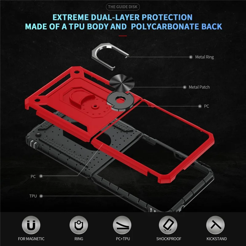 For Samsung Galaxy Z Flip7 5G Case TPU + PC Phone Cover with Ring Kickstand Drop Protection - Red