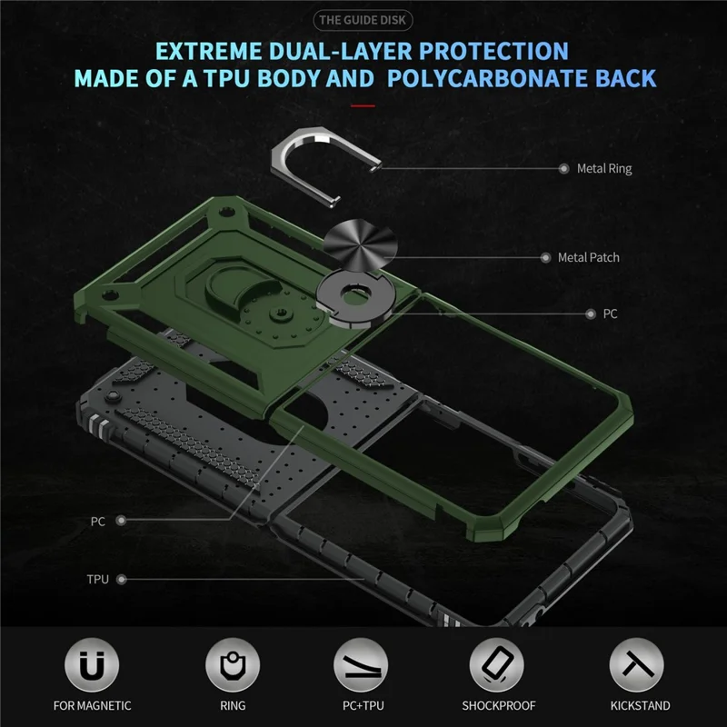 Cover per Samsung Galaxy Z Flip7 5G in TPU + PC con Anello Supporto Antiurto - Verde Militare