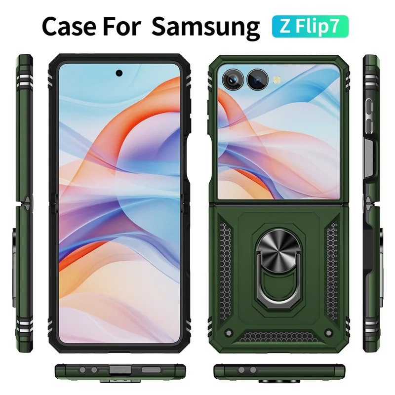 Cover per Samsung Galaxy Z Flip7 5G in TPU + PC con Anello Supporto Antiurto - Verde Militare