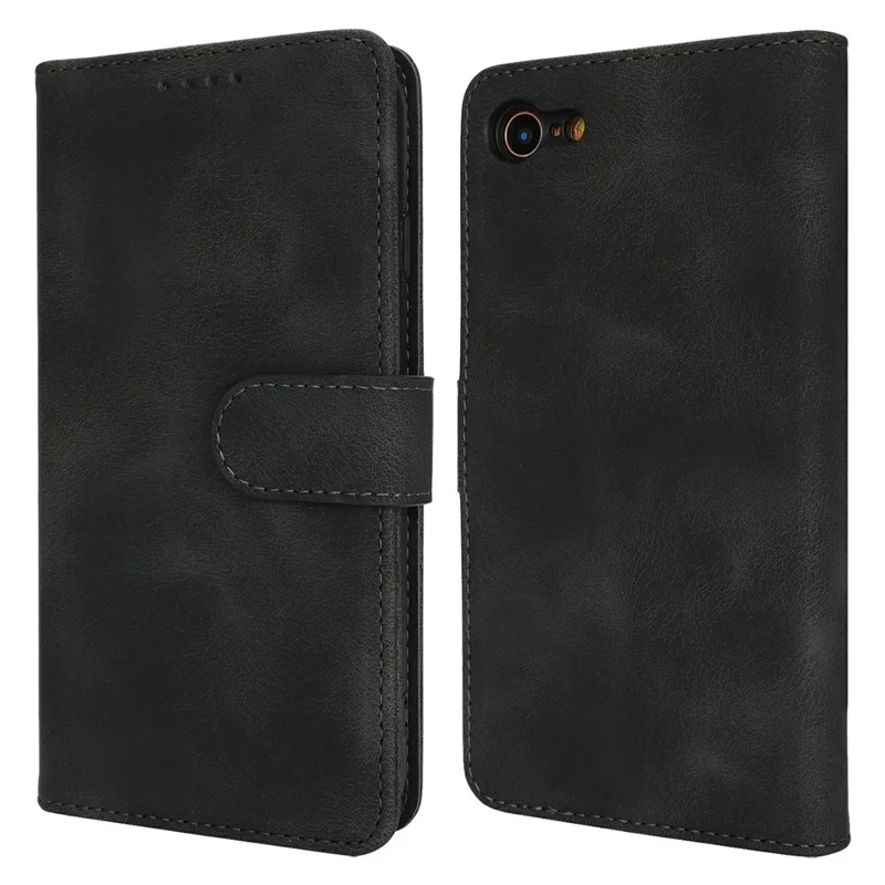 Wallet Hülle für iPhone SE (2022) / (2020) / 8 / 7 Doppelt Gefaltete Kante Soft-Touch PU Leder Flip Handyhülle - Schwarz