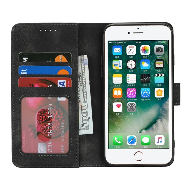 Wallet Hülle für iPhone SE (2022) / (2020) / 8 / 7 Doppelt Gefaltete Kante Soft-Touch PU Leder Flip Handyhülle - Schwarz