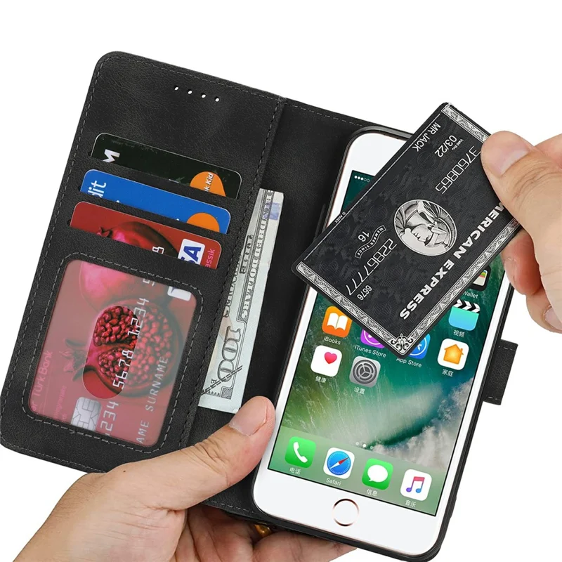 Wallet Hülle für iPhone SE (2022) / (2020) / 8 / 7 Doppelt Gefaltete Kante Soft-Touch PU Leder Flip Handyhülle - Schwarz