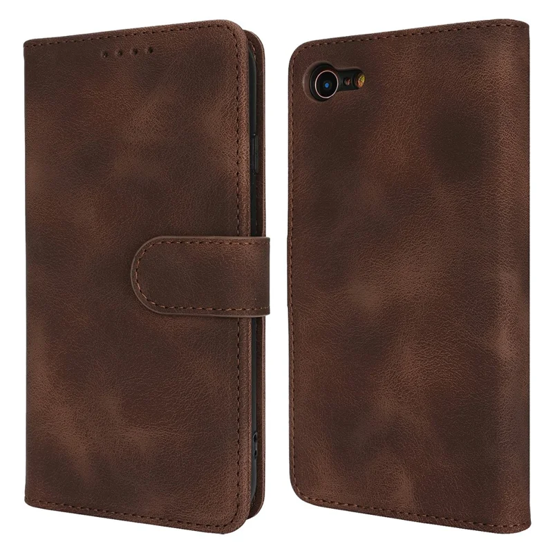 Wallet Case for iPhone SE (2022) / (2020) / 8 / 7 Double Folded Edge Skin Touch PU Leather Flip Phone Cover - Dark Brown