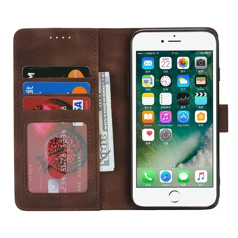Wallet Case for iPhone SE (2022) / (2020) / 8 / 7 Double Folded Edge Skin Touch PU Leather Flip Phone Cover - Dark Brown