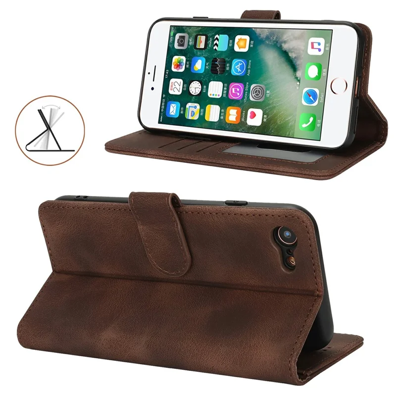 Wallet Case for iPhone SE (2022) / (2020) / 8 / 7 Double Folded Edge Skin Touch PU Leather Flip Phone Cover - Dark Brown
