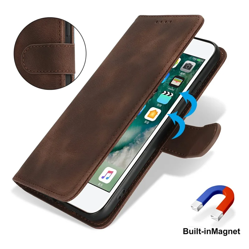 Wallet Case for iPhone SE (2022) / (2020) / 8 / 7 Double Folded Edge Skin Touch PU Leather Flip Phone Cover - Dark Brown