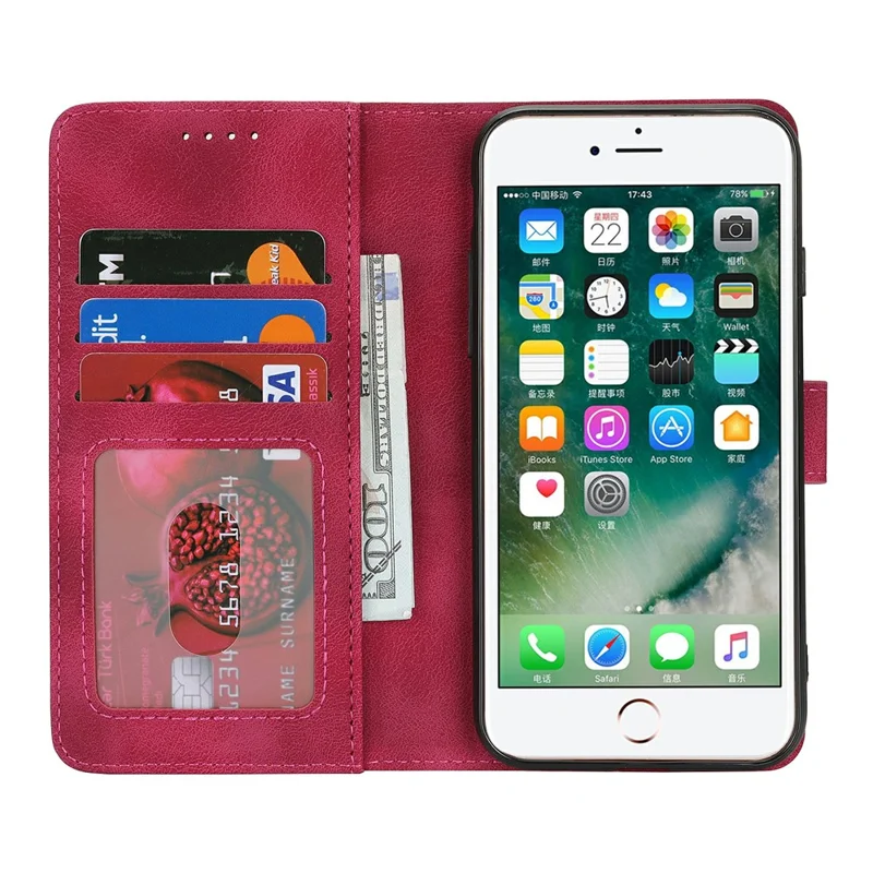 Funda tipo cartera para iPhone SE (2022) / (2020) / 8 / 7 con doble pliegue, tacto de piel, funda de cuero PU tipo flip - Rojo Vino