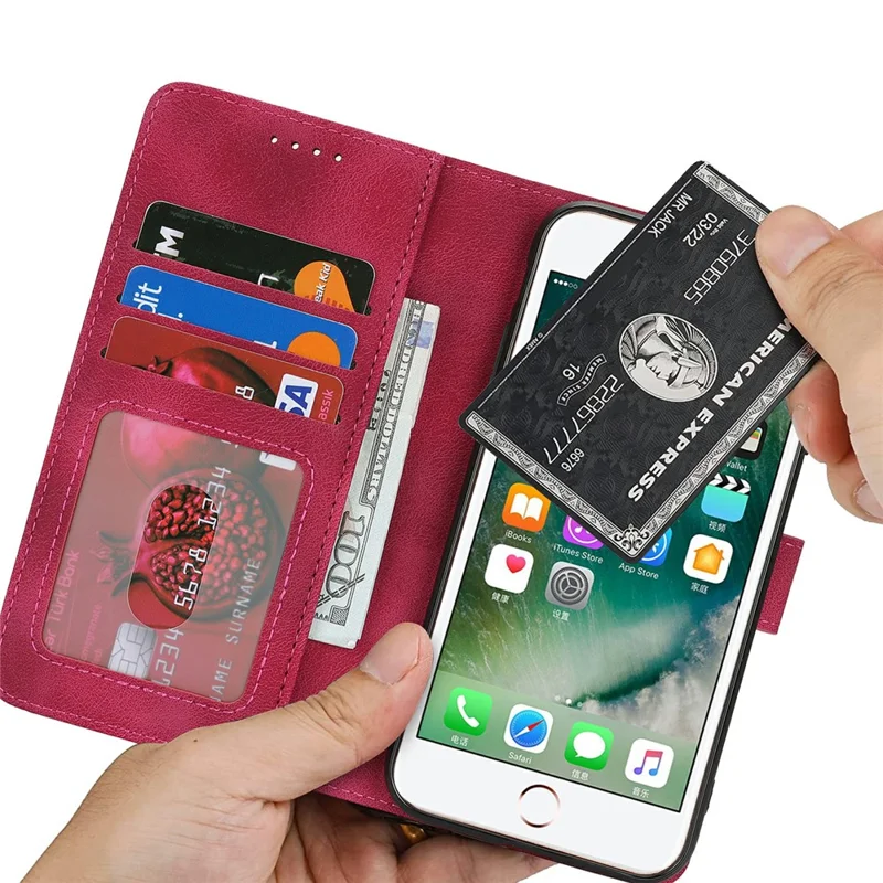 Funda tipo cartera para iPhone SE (2022) / (2020) / 8 / 7 con doble pliegue, tacto de piel, funda de cuero PU tipo flip - Rojo Vino