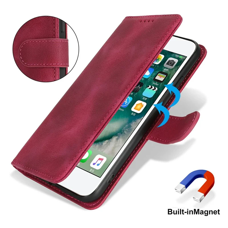 Funda tipo cartera para iPhone SE (2022) / (2020) / 8 / 7 con doble pliegue, tacto de piel, funda de cuero PU tipo flip - Rojo Vino