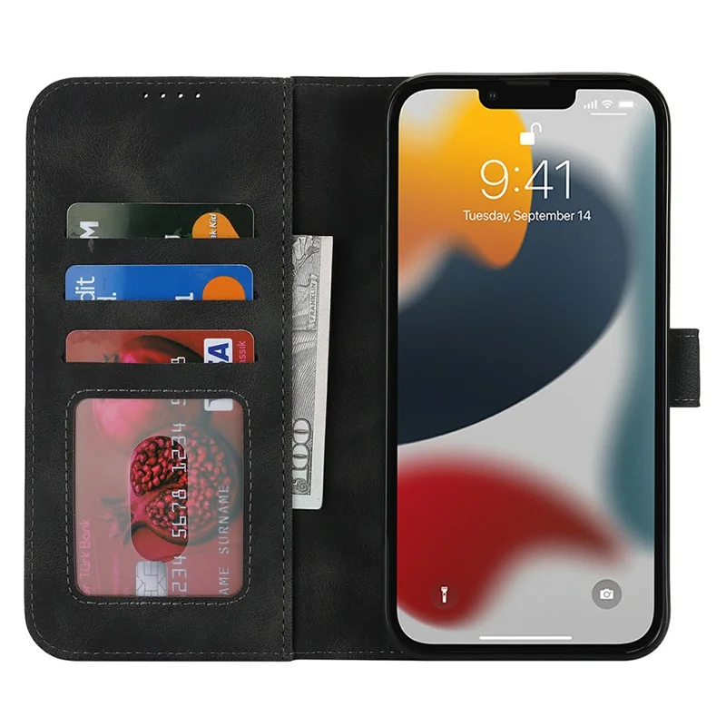 Funda tipo cartera para iPhone 13 Pro con doble pliegue, cuero sintético con acabado tipo piel, tapa abatible - Negro