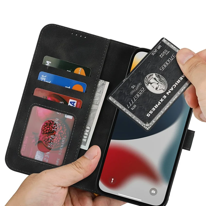 Funda tipo cartera para iPhone 13 Pro con doble pliegue, cuero sintético con acabado tipo piel, tapa abatible - Negro