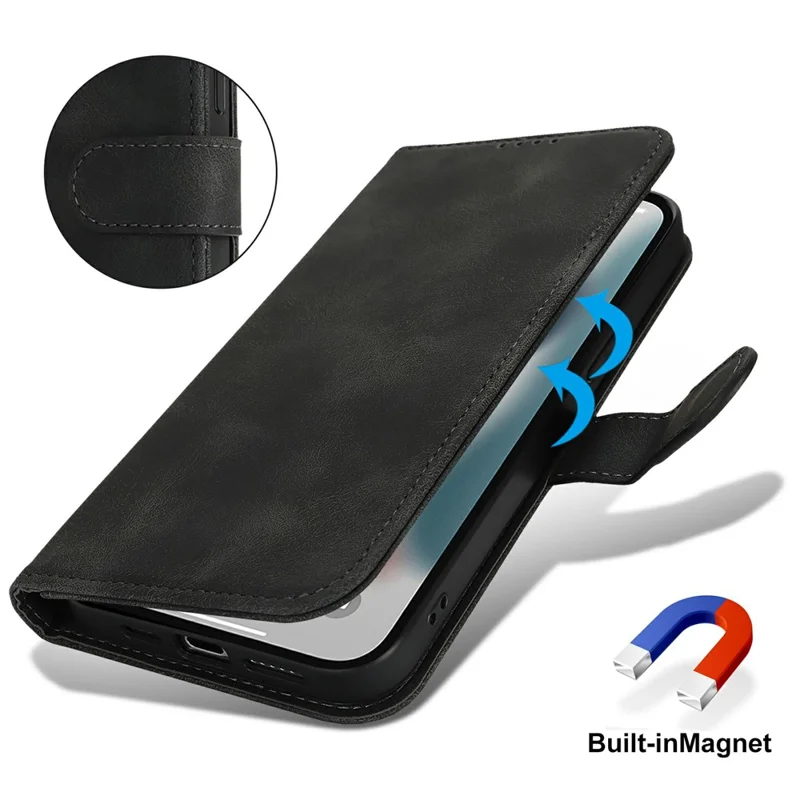 Funda tipo cartera para iPhone 13 Pro con doble pliegue, cuero sintético con acabado tipo piel, tapa abatible - Negro