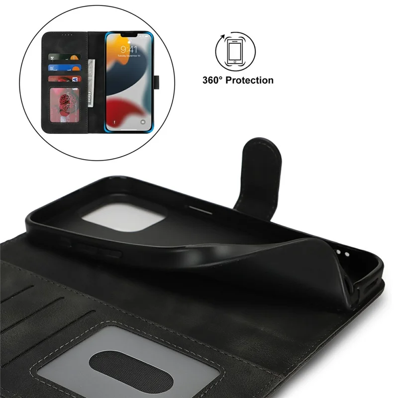 Funda tipo cartera para iPhone 13 Pro con doble pliegue, cuero sintético con acabado tipo piel, tapa abatible - Negro