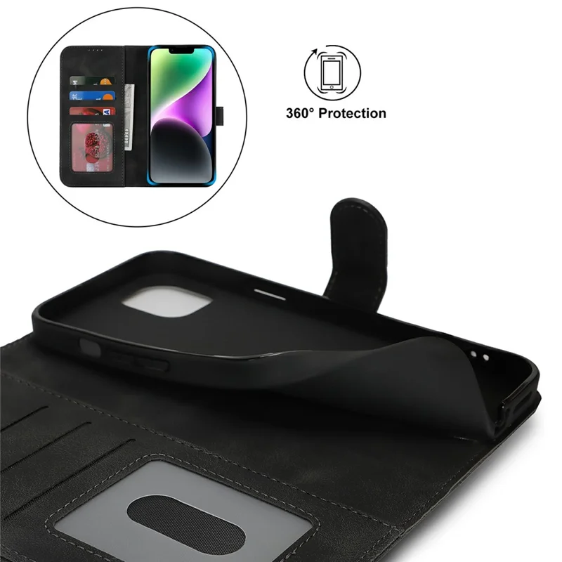 Per iPhone 14 / 13 Custodia Portafoglio Bordo Doppio Piegato Tocco Pelle PU Flip Phone Cover - Nero