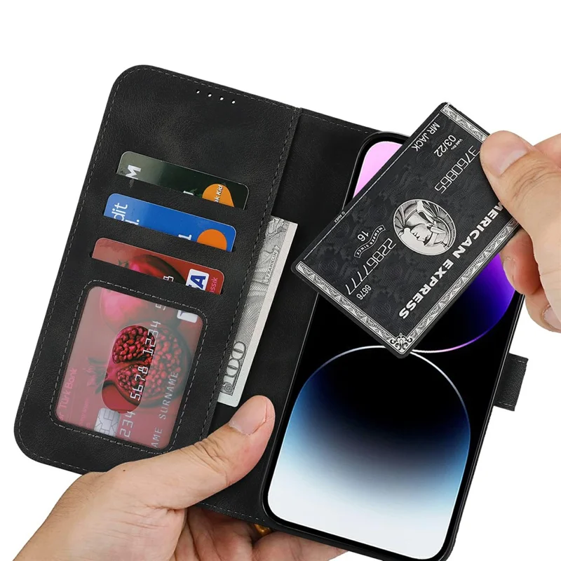 Étui portefeuille pour iPhone 14 Pro, à double rabat, cuir PU avec finition tactile, pochette de protection - Noir