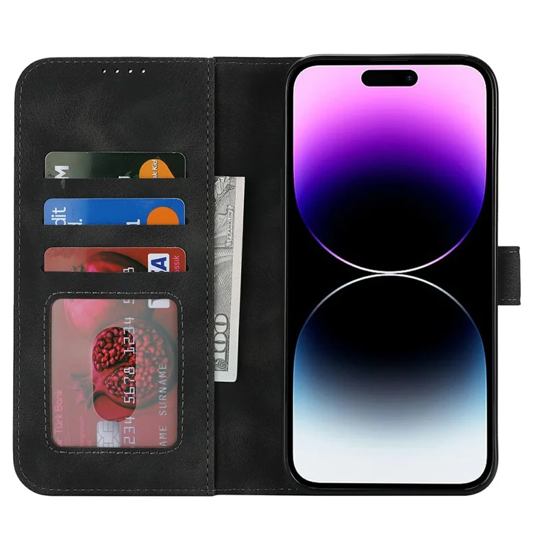 Für iPhone 14 Pro Max Geldbörsen-Hülle mit doppelt gefalteter Kante, Soft-Touch PU-Leder Flip Handyhülle - Schwarz
