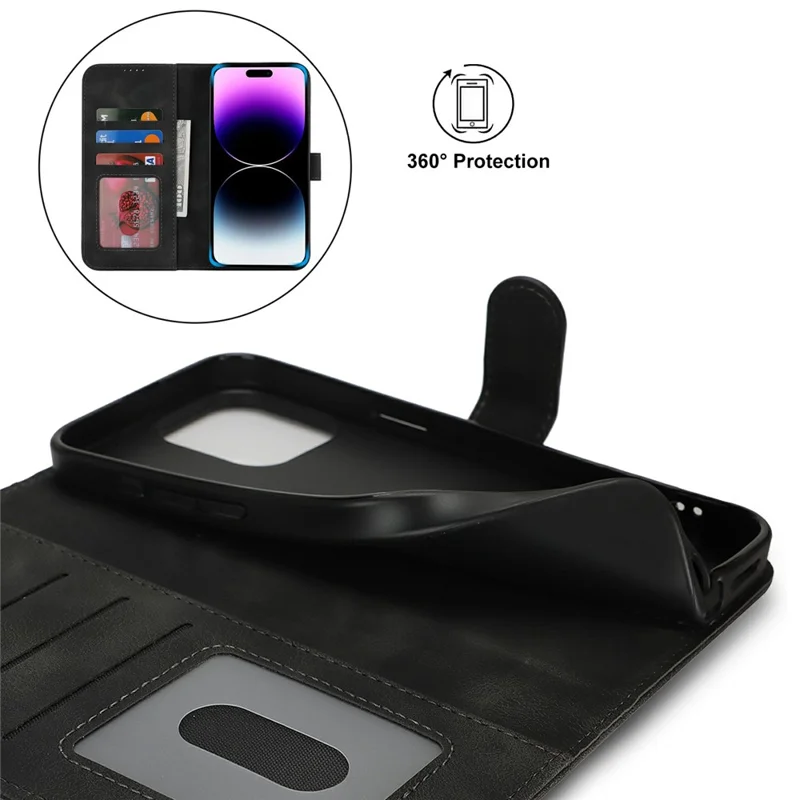 Für iPhone 14 Pro Max Geldbörsen-Hülle mit doppelt gefalteter Kante, Soft-Touch PU-Leder Flip Handyhülle - Schwarz