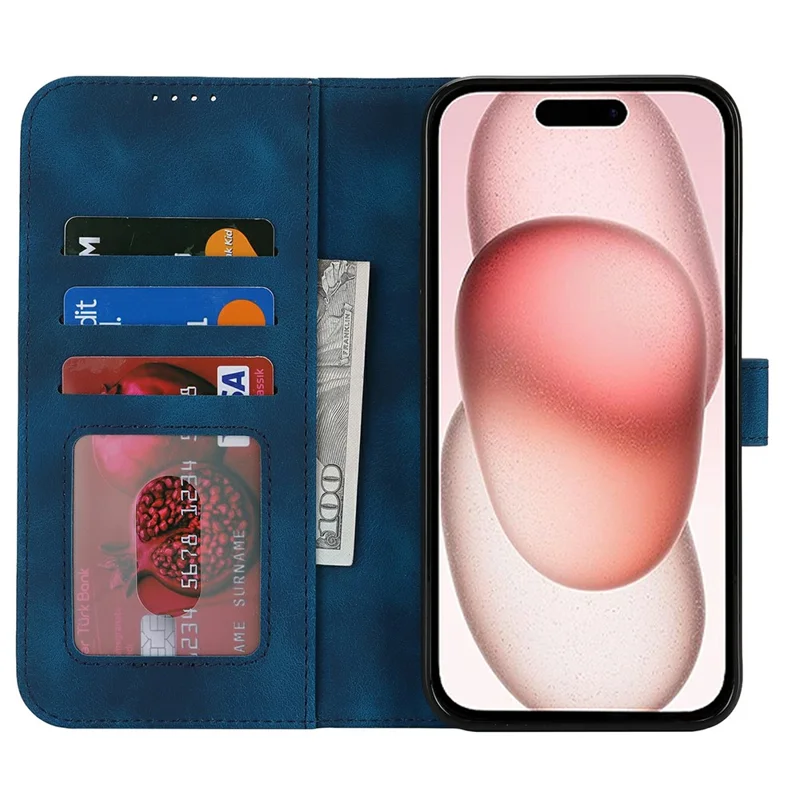 For iPhone 15 Plus / 14 Plus Wallet Case Double Folded Edge Skin Touch PU Leather Flip Phone Cover - Blue