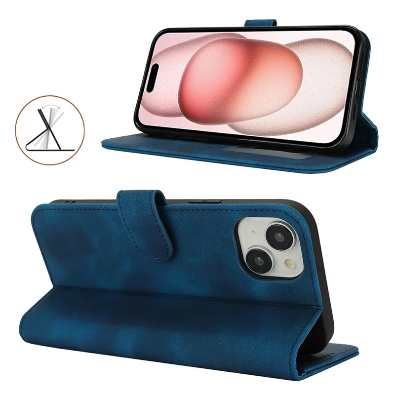 For iPhone 15 Plus / 14 Plus Wallet Case Double Folded Edge Skin Touch PU Leather Flip Phone Cover - Blue