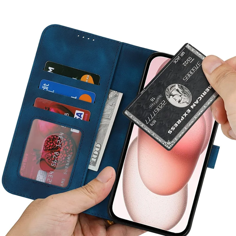 For iPhone 15 Plus / 14 Plus Wallet Case Double Folded Edge Skin Touch PU Leather Flip Phone Cover - Blue