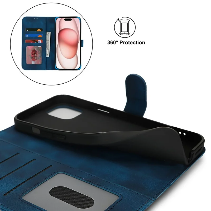 For iPhone 15 Plus / 14 Plus Wallet Case Double Folded Edge Skin Touch PU Leather Flip Phone Cover - Blue