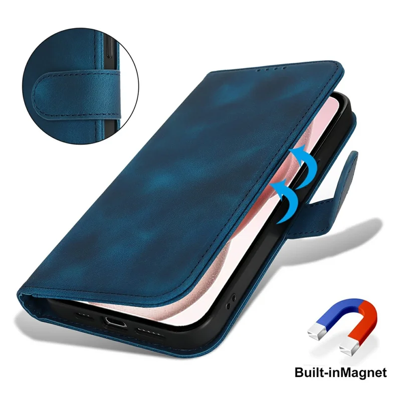 For iPhone 15 Plus / 14 Plus Wallet Case Double Folded Edge Skin Touch PU Leather Flip Phone Cover - Blue