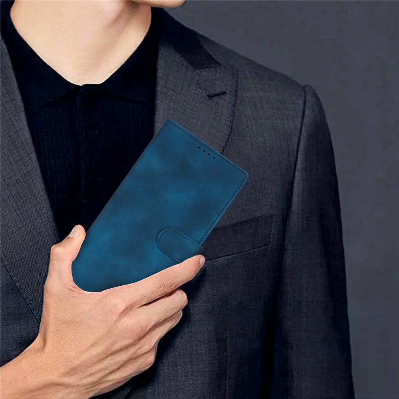 For iPhone 15 Plus / 14 Plus Wallet Case Double Folded Edge Skin Touch PU Leather Flip Phone Cover - Blue