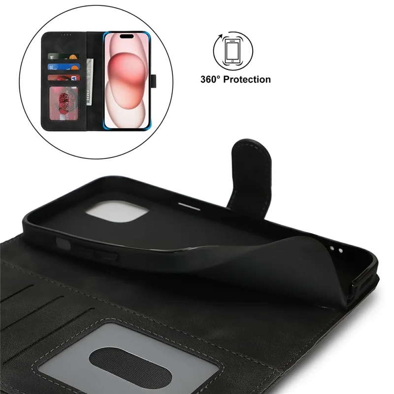 Für iPhone 15 Brieftasche Hülle Doppelt gefalteter Rand Haut Berührung PU Leder Flip Telefonabdeckung - Schwarz
