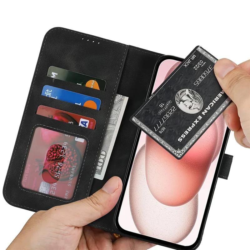 Für iPhone 15 Brieftasche Hülle Doppelt gefalteter Rand Haut Berührung PU Leder Flip Telefonabdeckung - Schwarz