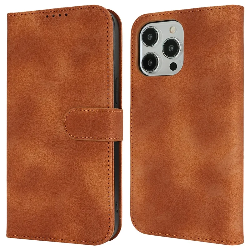 For iPhone 15 Pro Wallet Case Double Folded Edge Skin Touch PU Leather Flip Phone Cover - Light Brown
