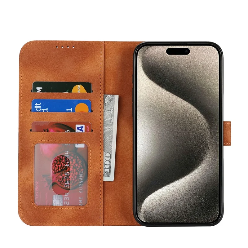 For iPhone 15 Pro Wallet Case Double Folded Edge Skin Touch PU Leather Flip Phone Cover - Light Brown
