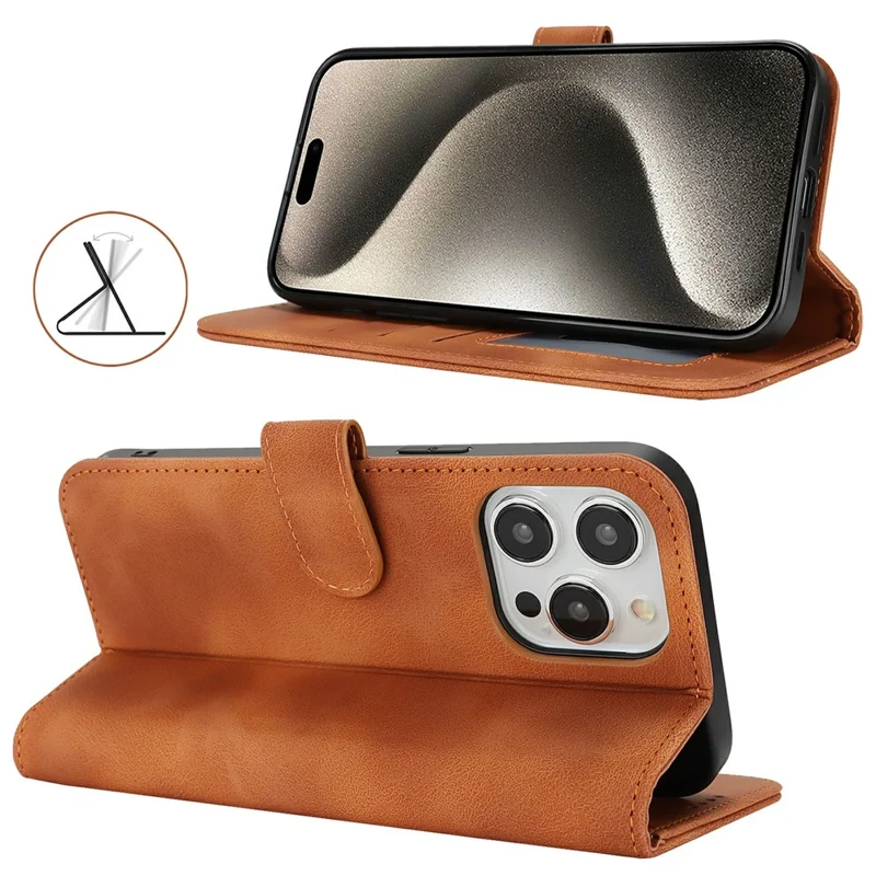 For iPhone 15 Pro Wallet Case Double Folded Edge Skin Touch PU Leather Flip Phone Cover - Light Brown