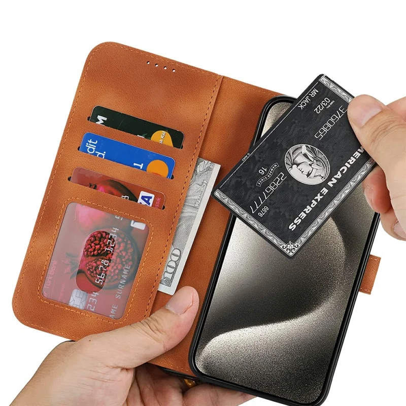 For iPhone 15 Pro Wallet Case Double Folded Edge Skin Touch PU Leather Flip Phone Cover - Light Brown