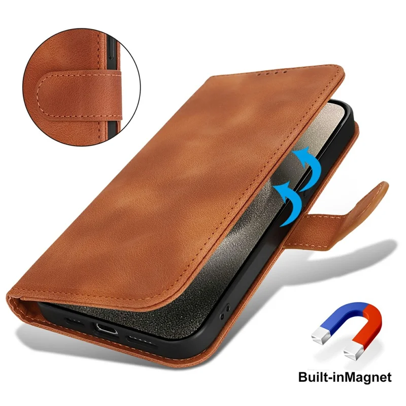 For iPhone 15 Pro Wallet Case Double Folded Edge Skin Touch PU Leather Flip Phone Cover - Light Brown
