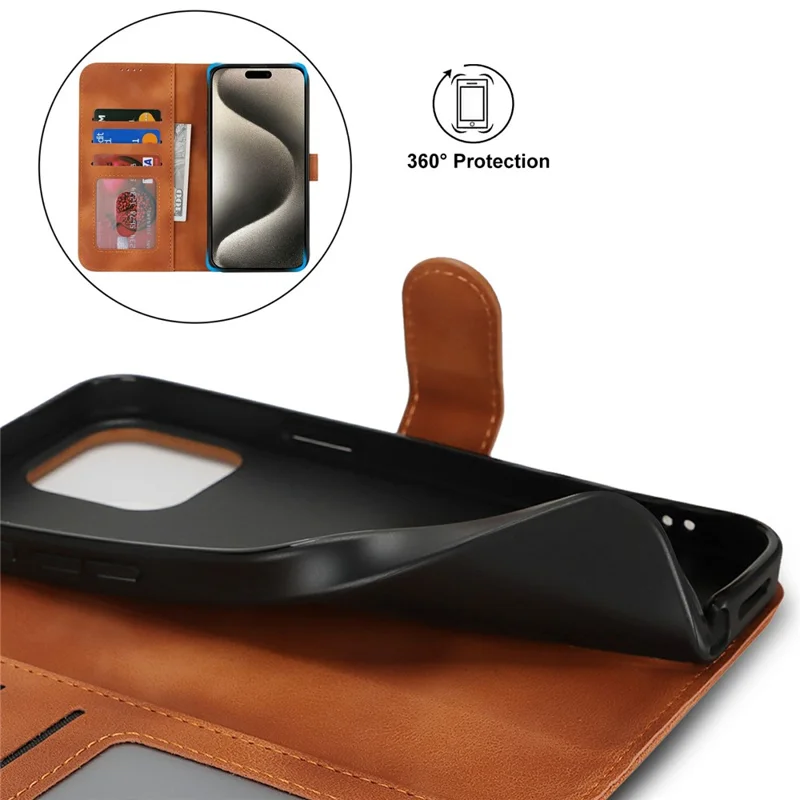 For iPhone 15 Pro Wallet Case Double Folded Edge Skin Touch PU Leather Flip Phone Cover - Light Brown