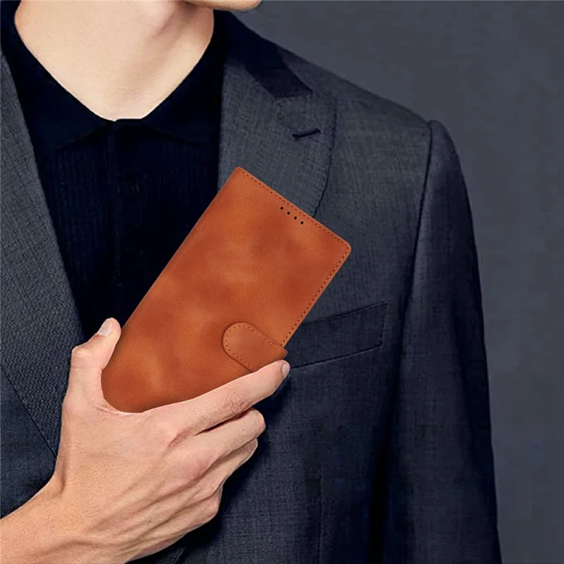 For iPhone 15 Pro Wallet Case Double Folded Edge Skin Touch PU Leather Flip Phone Cover - Light Brown
