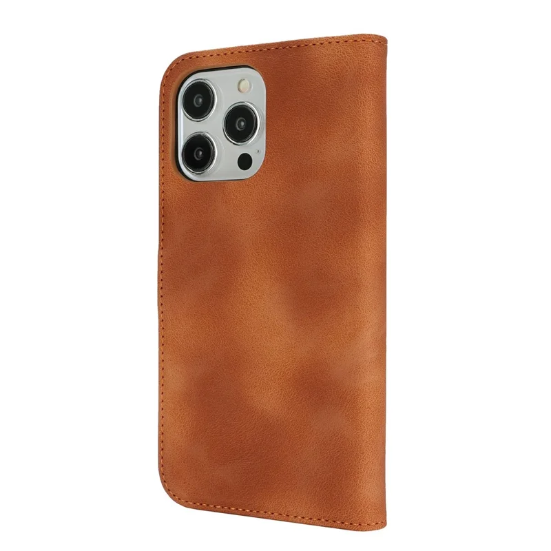 For iPhone 15 Pro Wallet Case Double Folded Edge Skin Touch PU Leather Flip Phone Cover - Light Brown