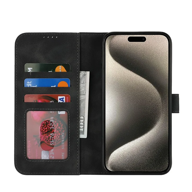 Für iPhone 15 Pro Max Geldbörsen-Hülle Doppelt Gefaltete Kante Hautfreundliches PU-Leder Flip Handyhülle - Schwarz