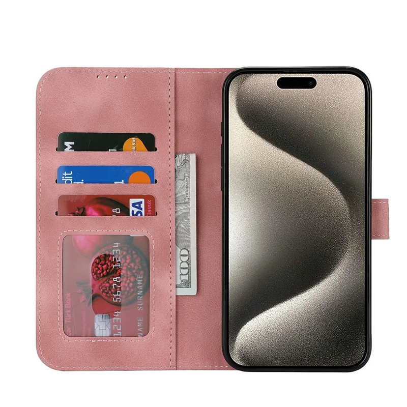 For iPhone 15 Pro Max Wallet Case Double Folded Edge Skin Touch PU Leather Flip Phone Cover - Rose Pink