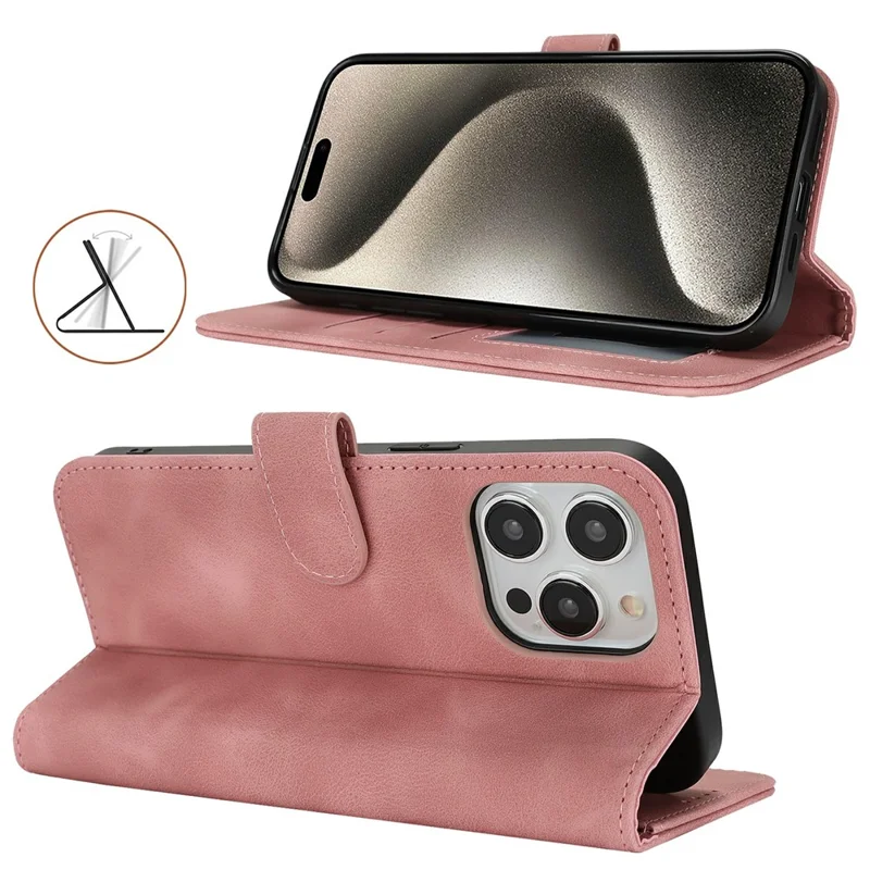 For iPhone 15 Pro Max Wallet Case Double Folded Edge Skin Touch PU Leather Flip Phone Cover - Rose Pink