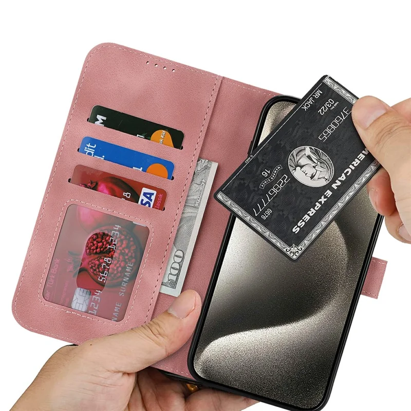 For iPhone 15 Pro Max Wallet Case Double Folded Edge Skin Touch PU Leather Flip Phone Cover - Rose Pink