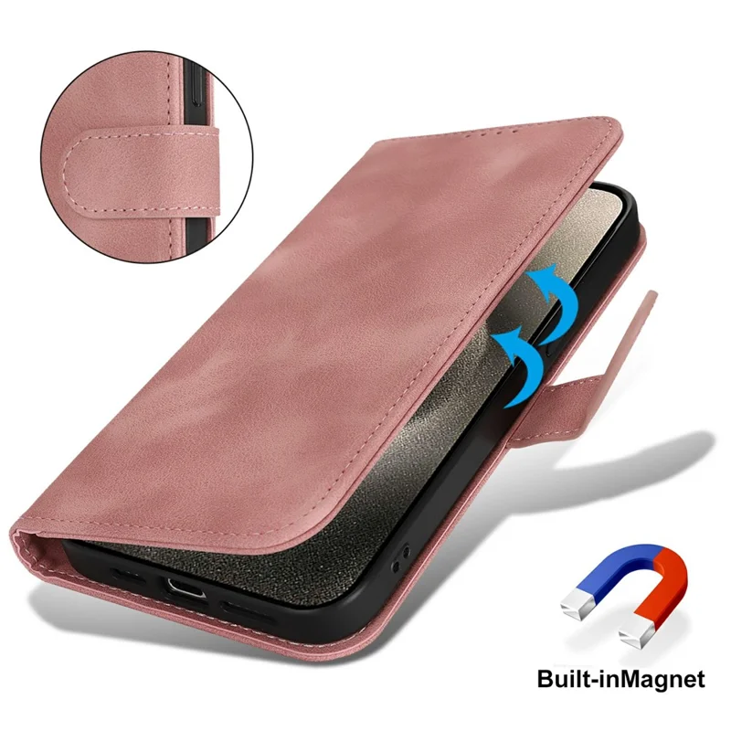 For iPhone 15 Pro Max Wallet Case Double Folded Edge Skin Touch PU Leather Flip Phone Cover - Rose Pink