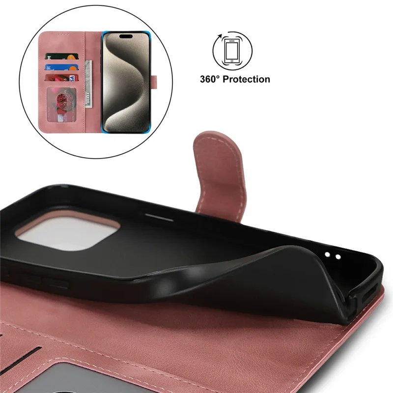 For iPhone 15 Pro Max Wallet Case Double Folded Edge Skin Touch PU Leather Flip Phone Cover - Rose Pink